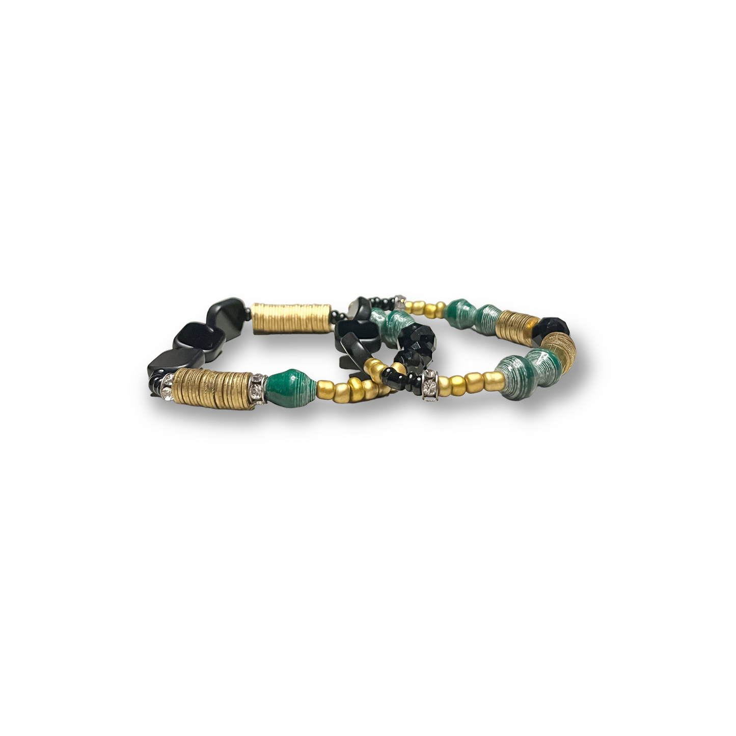 Green Black and Gold Stretch Bracelet Set